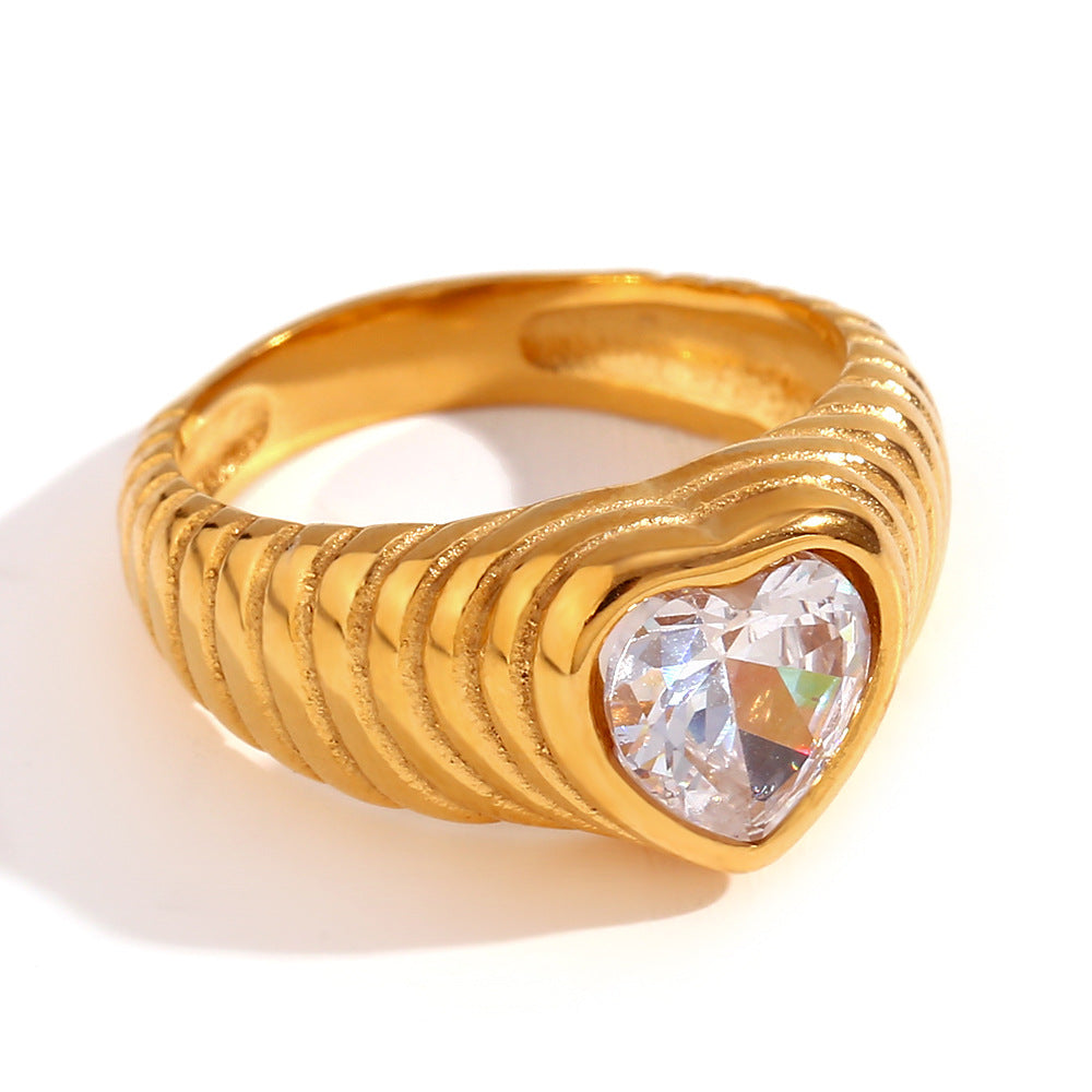 Asa Gold Retro Rings - Cast Heart Zircon Ring - Gold White - Size 6 [G7EY784D]