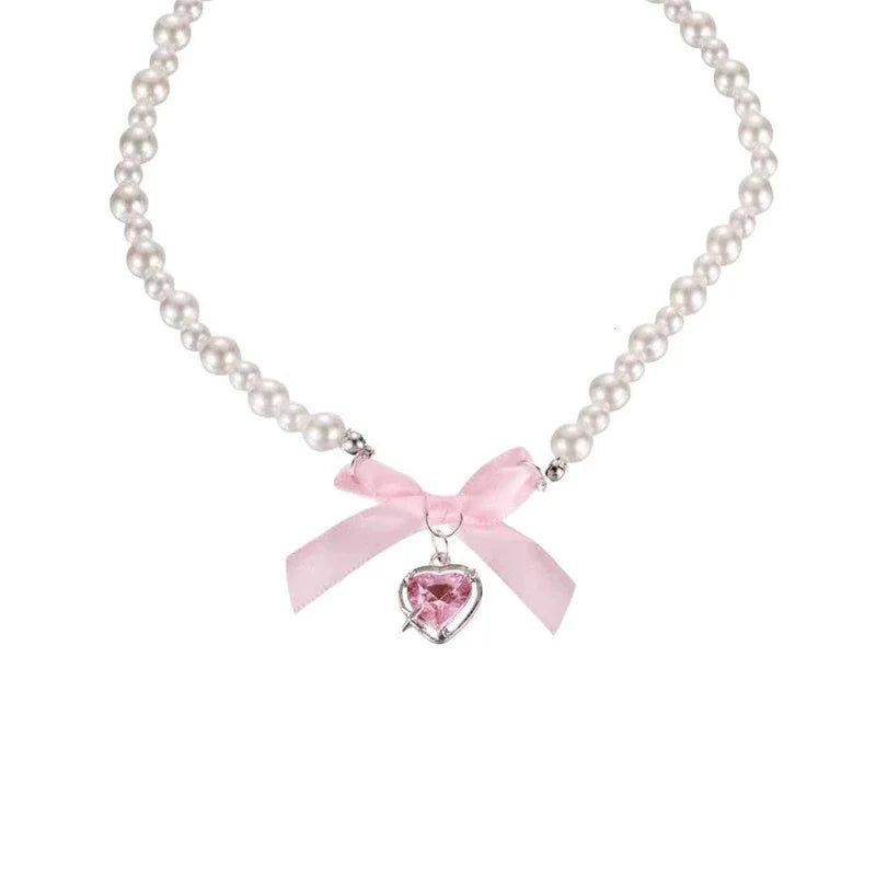 Darianna Pearl Bow Necklace - Pink Bow