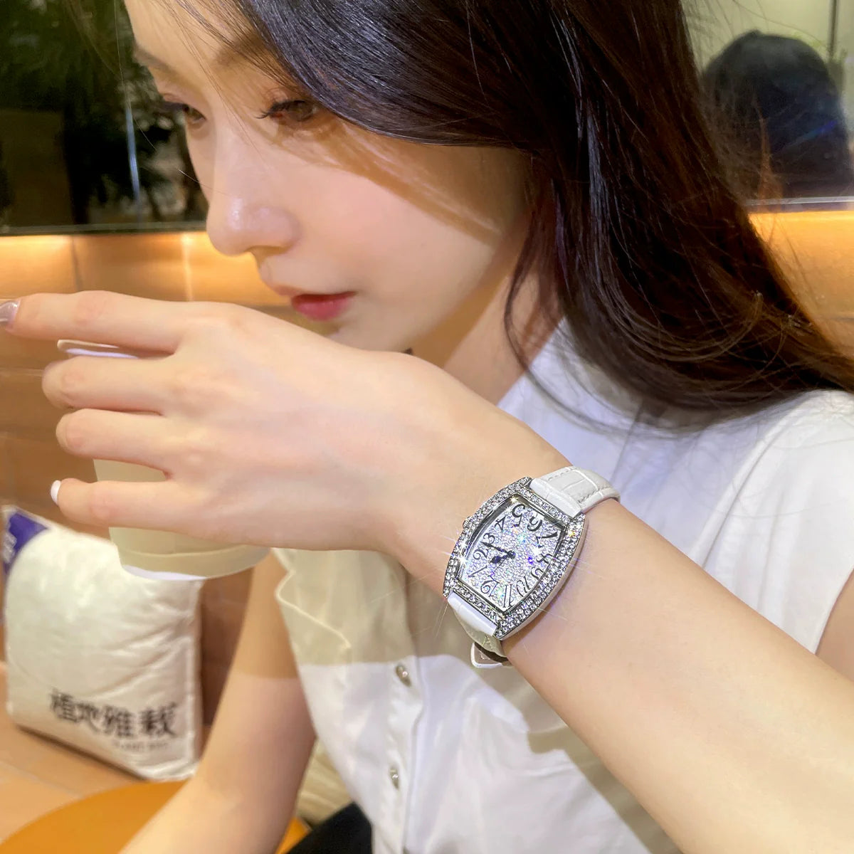 Emmylou Dazzling Leather Watch - Silver Dial White Strap