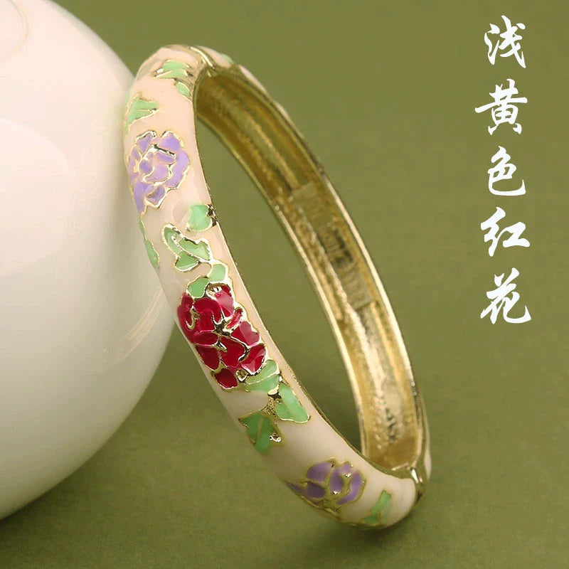 Lana Chinoiserie Floral Bangle - Light Yellow with Red Flower (10mm)