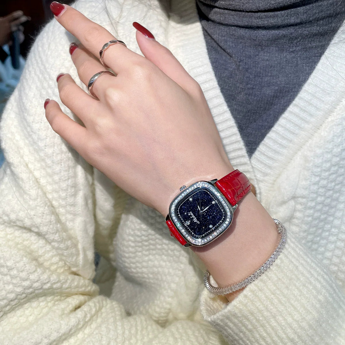 Brandy Starry Square Watch - Red Strap Black Dial