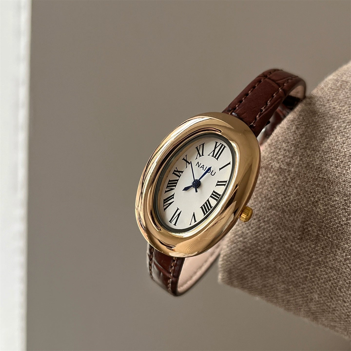 Elyzabeth Oval Retro Watch - Coffee Leather Gold Frame White Dial Full Roman [K4MMSCLF]