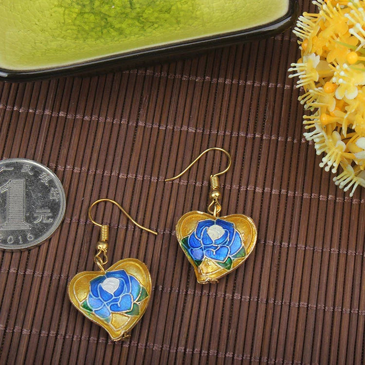 Adia Vintage Enamel Drop Earrings - Gold Heart Rose