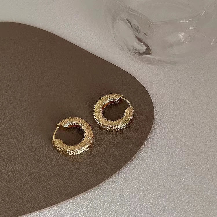 Amada Irregular Metal Earrings - Gold Textured Metal Hoop