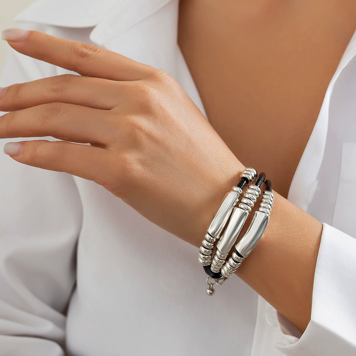 Rosalind Beaded Metal Bracelet Set - Silver Tone Set 2 [RXX1H81D]