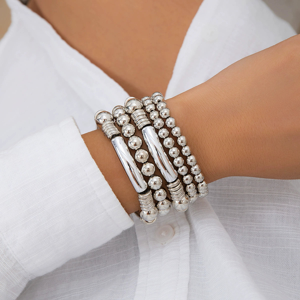 Cattleya Layered Charm Bracelet Set - Silver-tone 5-piece Set (Style 05) [M1YT7NNZ]