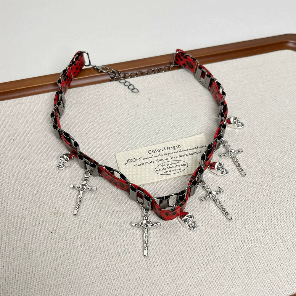Coral Rivet Cross Choker - Cross Tassel Leather Choker [Y5Z5PGBX]