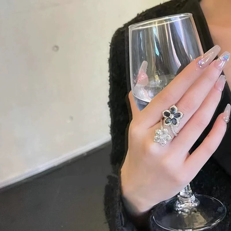 Jaylene Deep Blue Snowflake Ring - Floral Open Ring