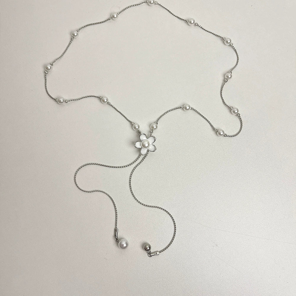 Khali Regal Blossom Necklace - Drawstring Adjustable Floral Pearl Sweater Necklace [01GTCKI8]