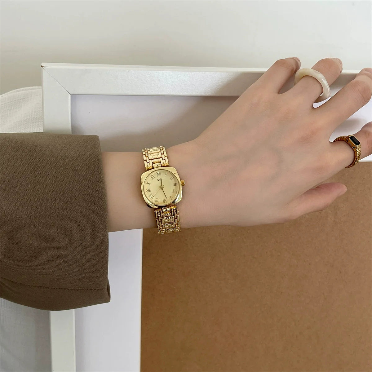 Meena Retro Square Watch - Gold Band Gold Face