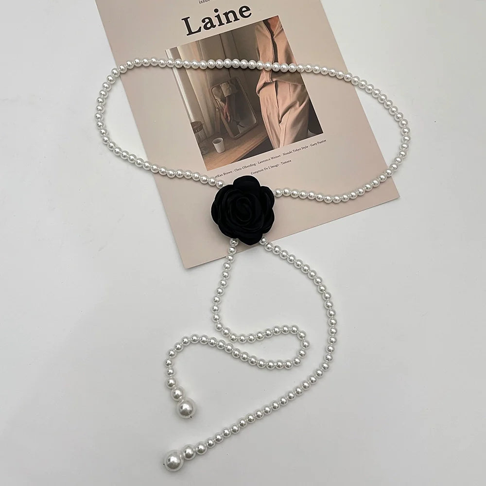 Lauryn Pearl Camellia Waist Chain - Black Flower Waist Chain with Detachable Brooch