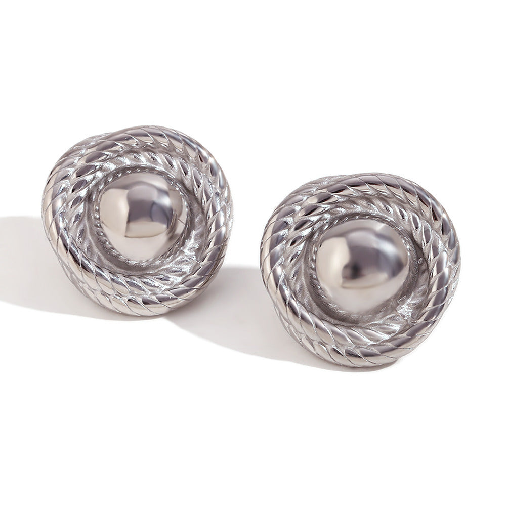 Sama Vintage Gold Drop Earrings - Cast Round Twisted Button Studs - Steel [MYRBFPIV]