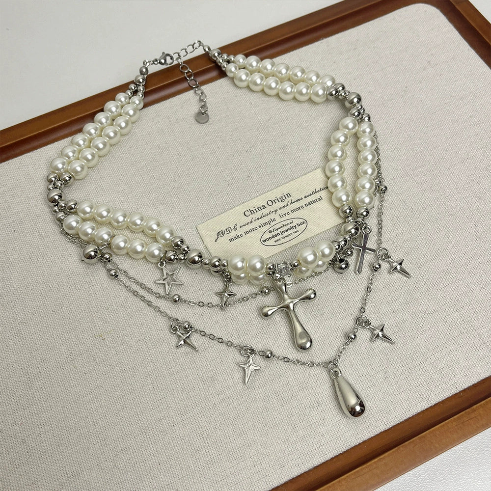 Leilani Layered Cross Pearl Choker - Cross Tassel Multi-Layered Pearl Necklace [8UKO4W03]