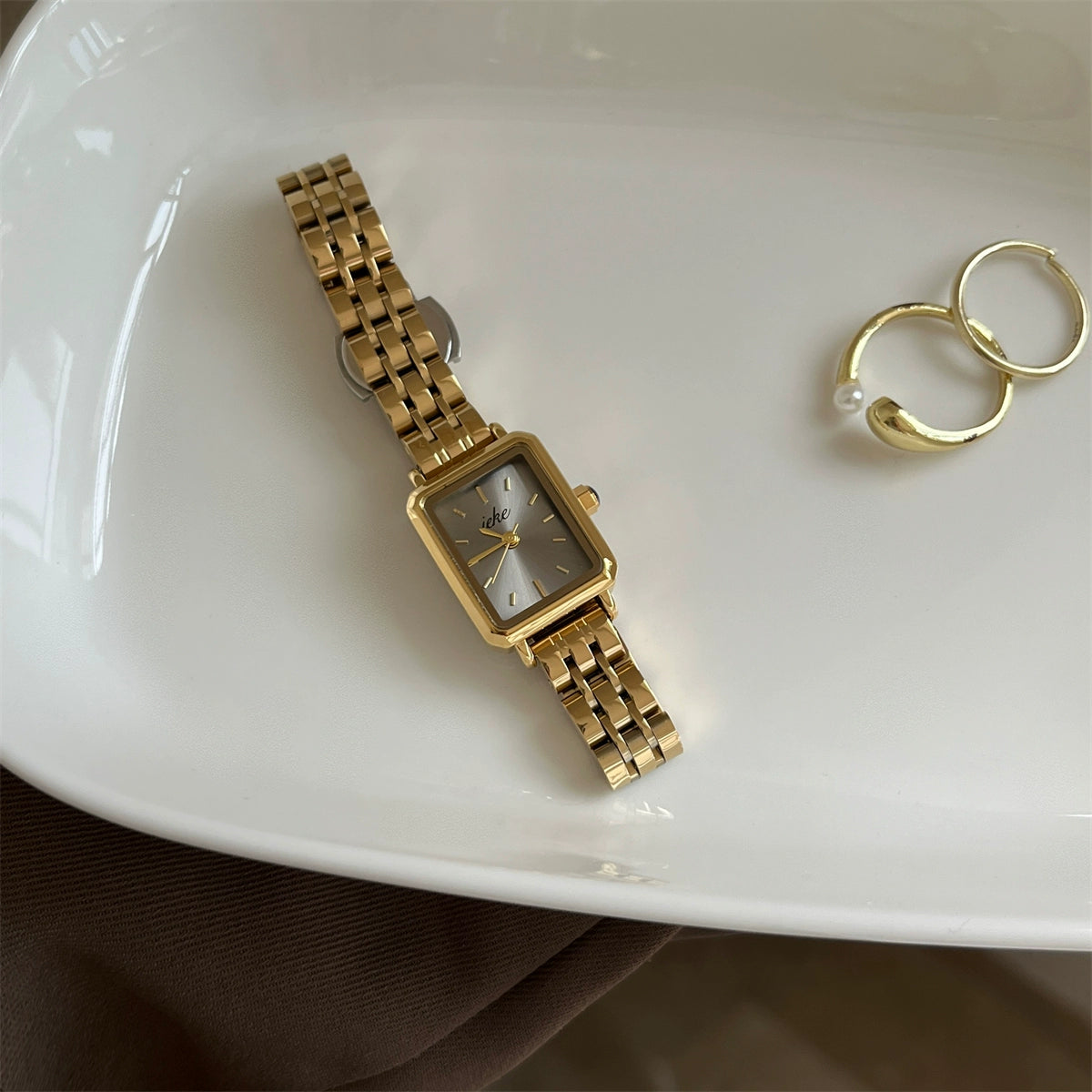 Violett Serpent Charm Watch - Small Square Markers - Gold Steel Strap with Grey Dial [MDXRRV0A]