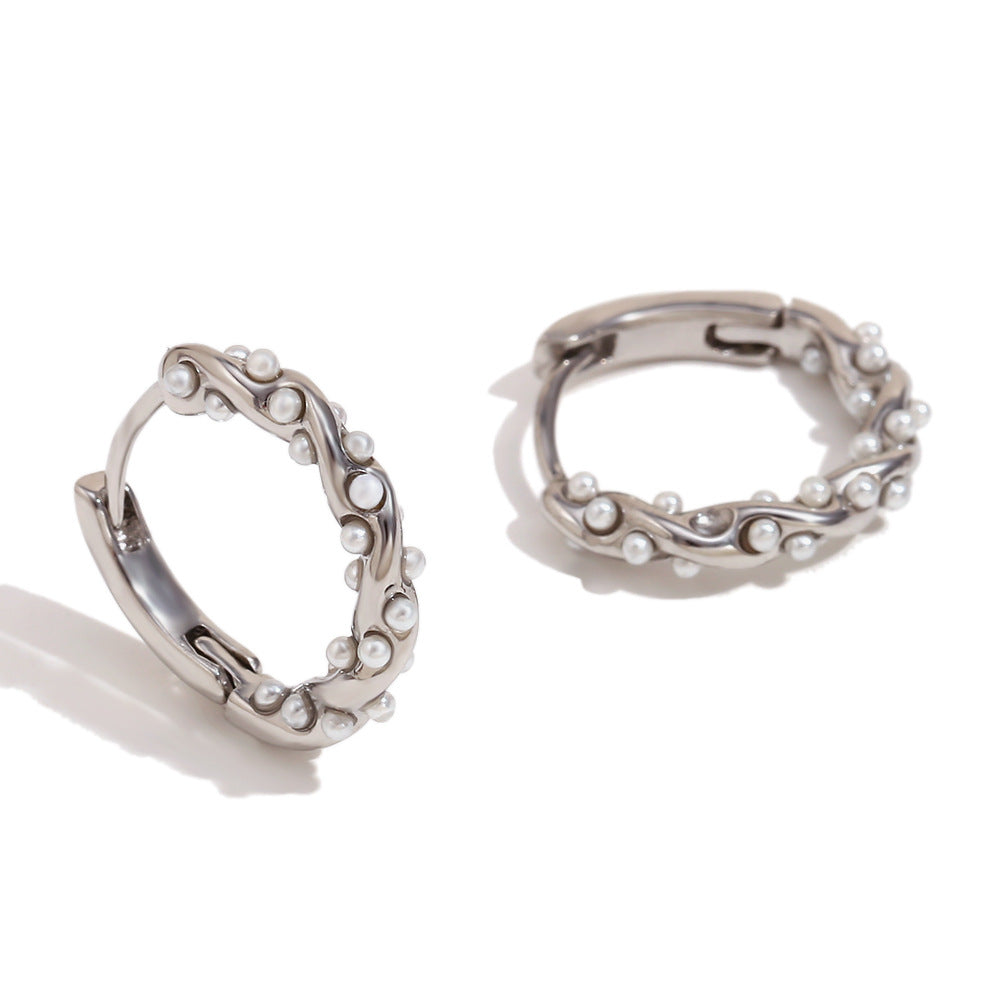 Maira Gold Petal Earrings - Irregular Twisted Hoop - Silver with Pearl [ESR91DZA]
