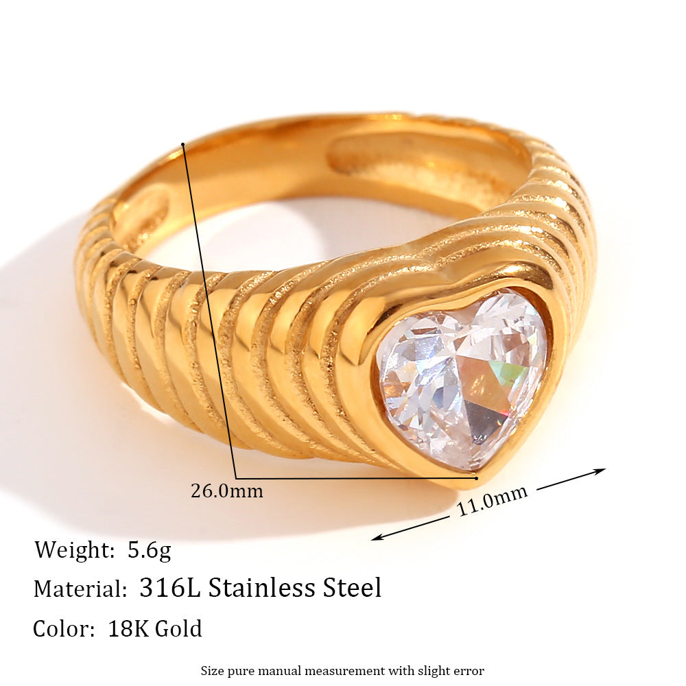 Asa Gold Retro Rings - Cast Heart Zircon Ring - Gold White - Size 7 [JKU2X4LW]