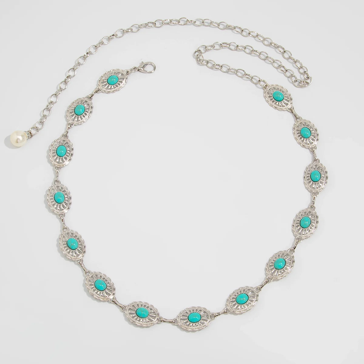 Brissa Faux Pearl Turquoise Waist Chain - Silver/Blue Faux Turquoise