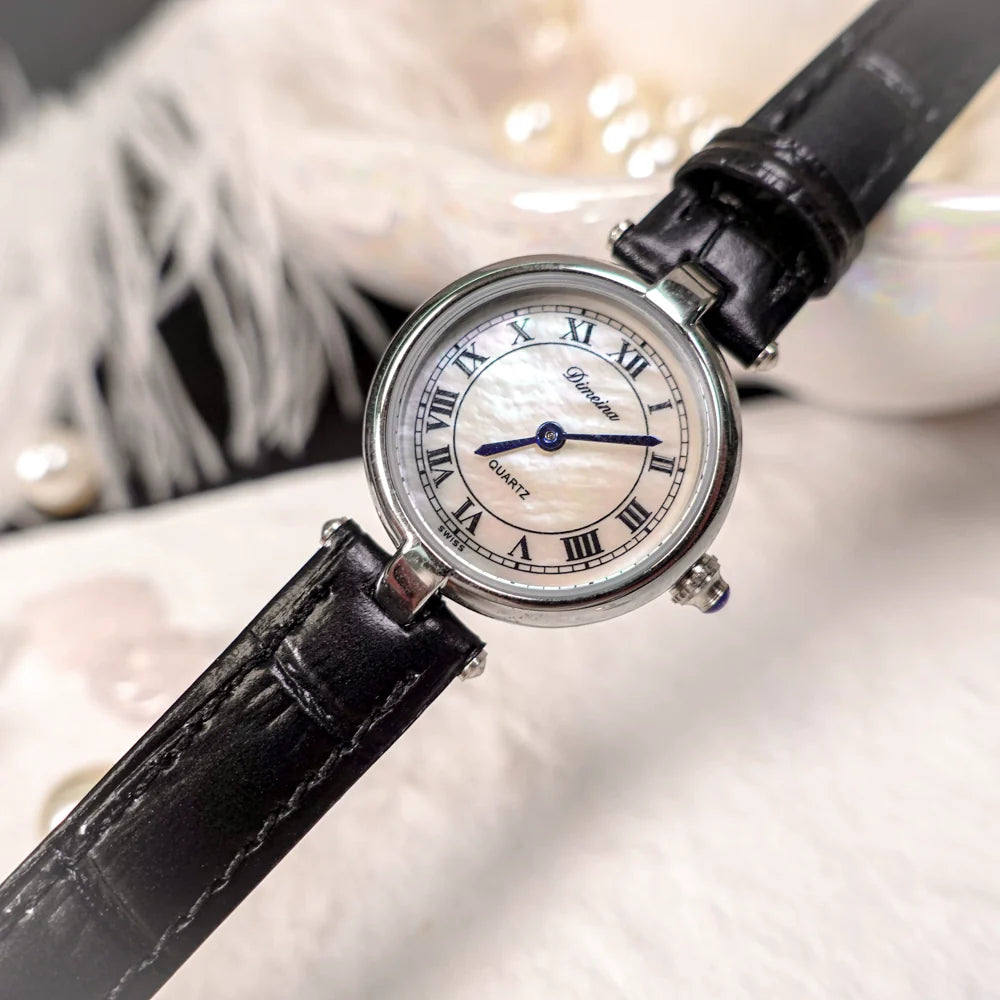 Gionna Vintage Square Watch - Silver Black Strap Mother-of-Pearl Dial