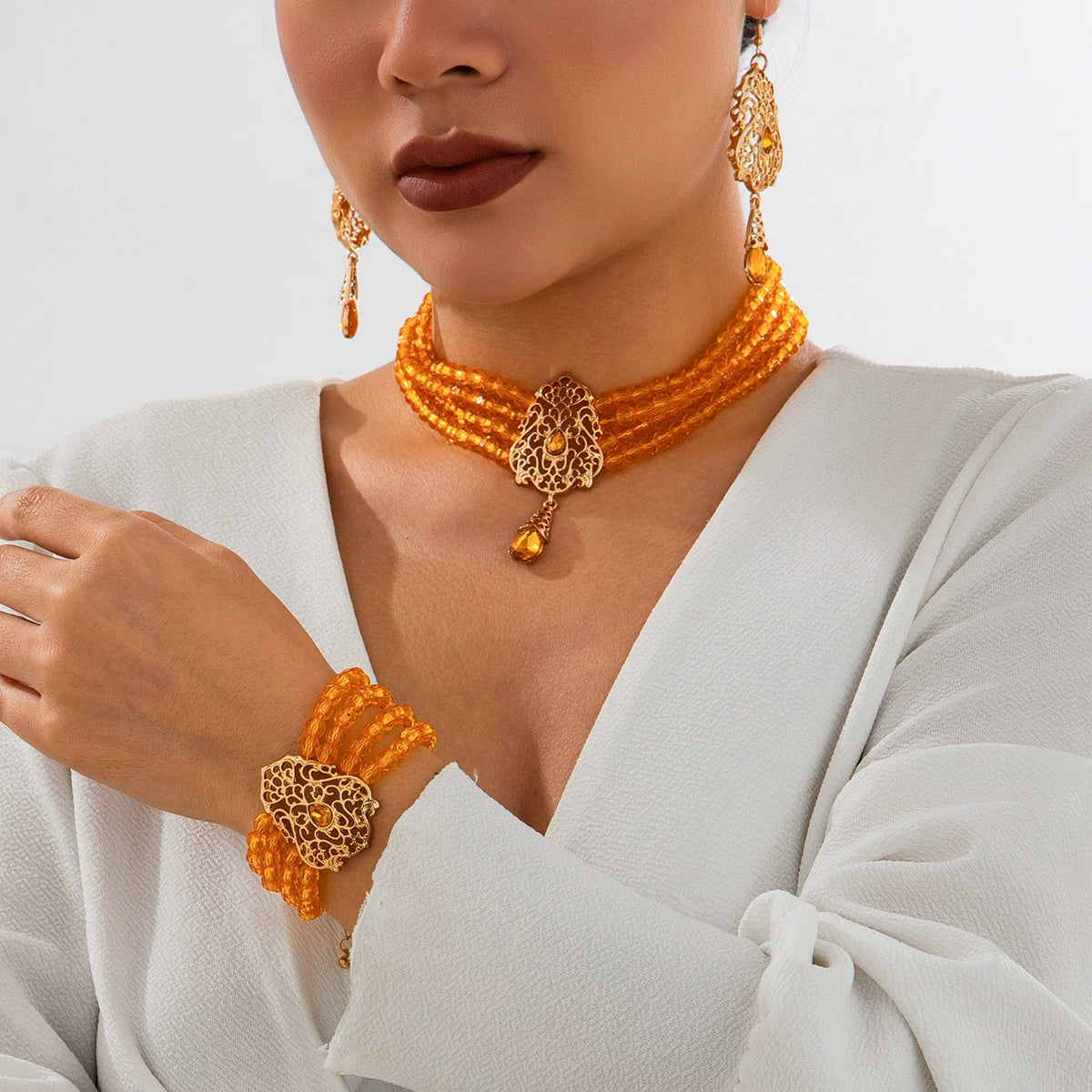 Lou Pearl Floral Collar Necklace - Gold & Orange (Style B) [GHV0USWF]