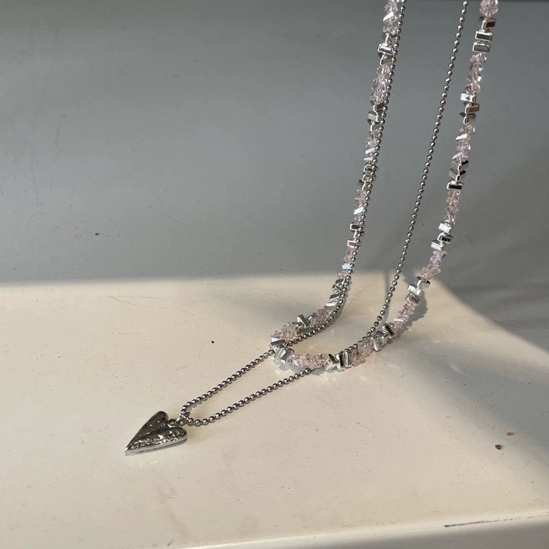 Aishah Crystal Heart Layered Necklace - Pink Crystal [UKWDMRY3]