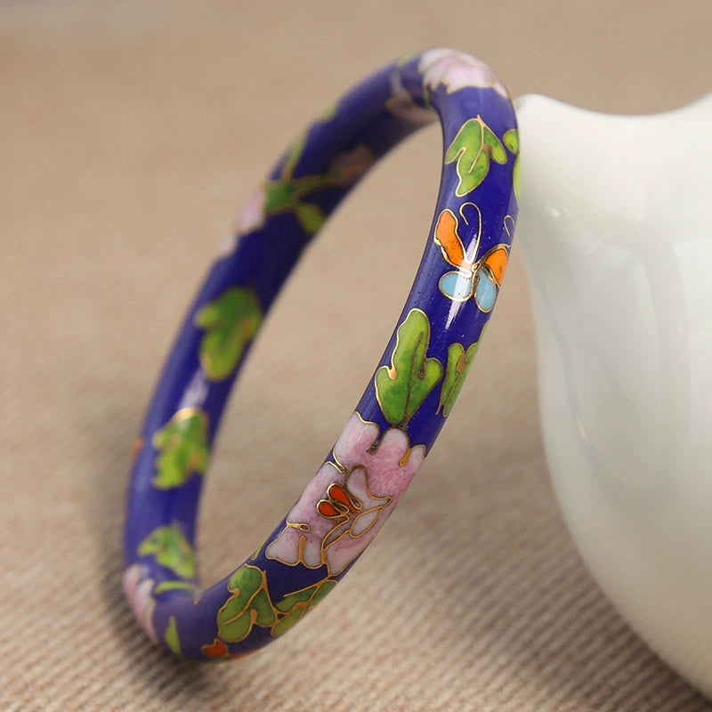 Zoi Floral Cloisonné Bracelet - Dark Blue Peony (8mm Width) [09L77W45]