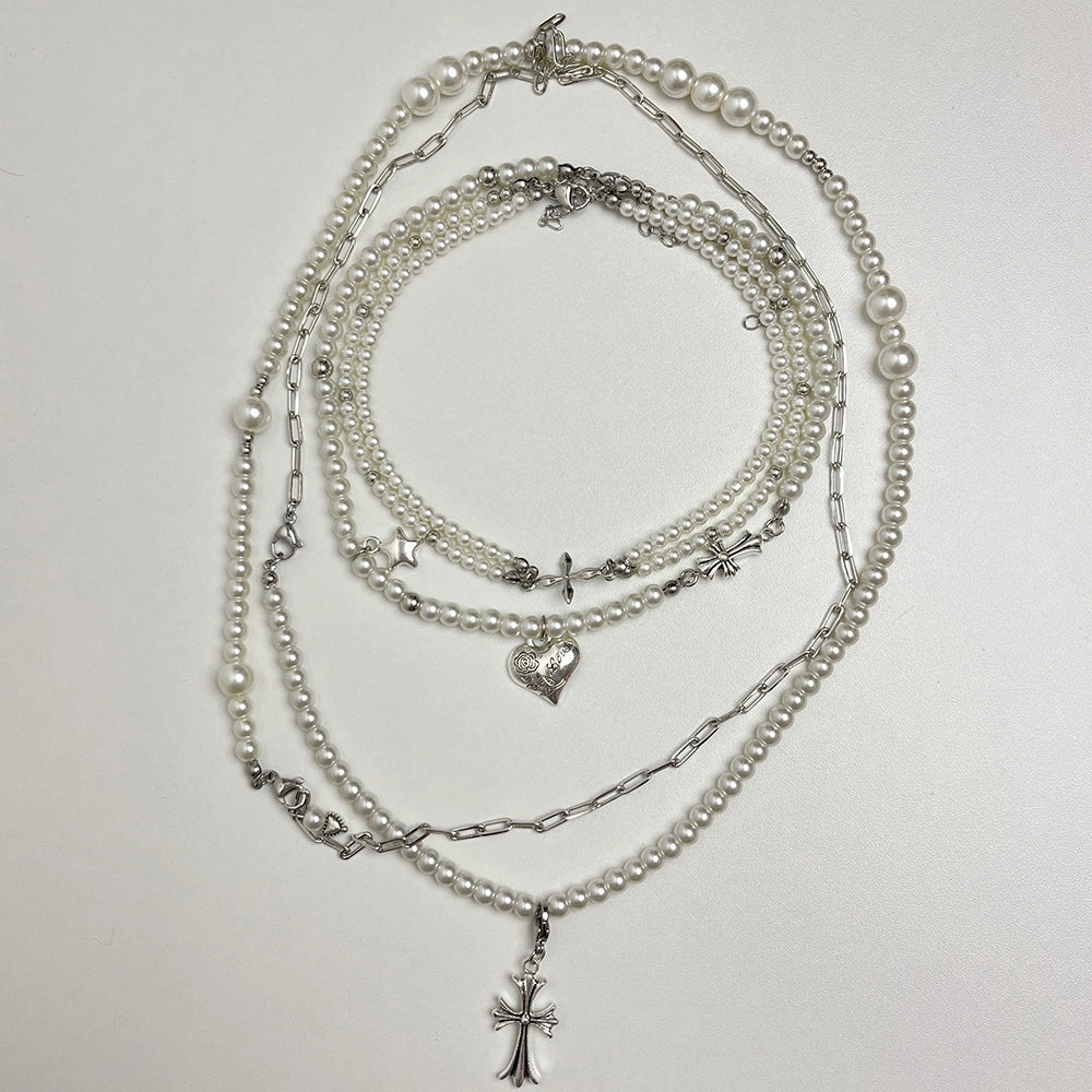 Arian Layered Pearl Cross Necklace - Cross Heart Pearl Necklace [U84R5RBN]