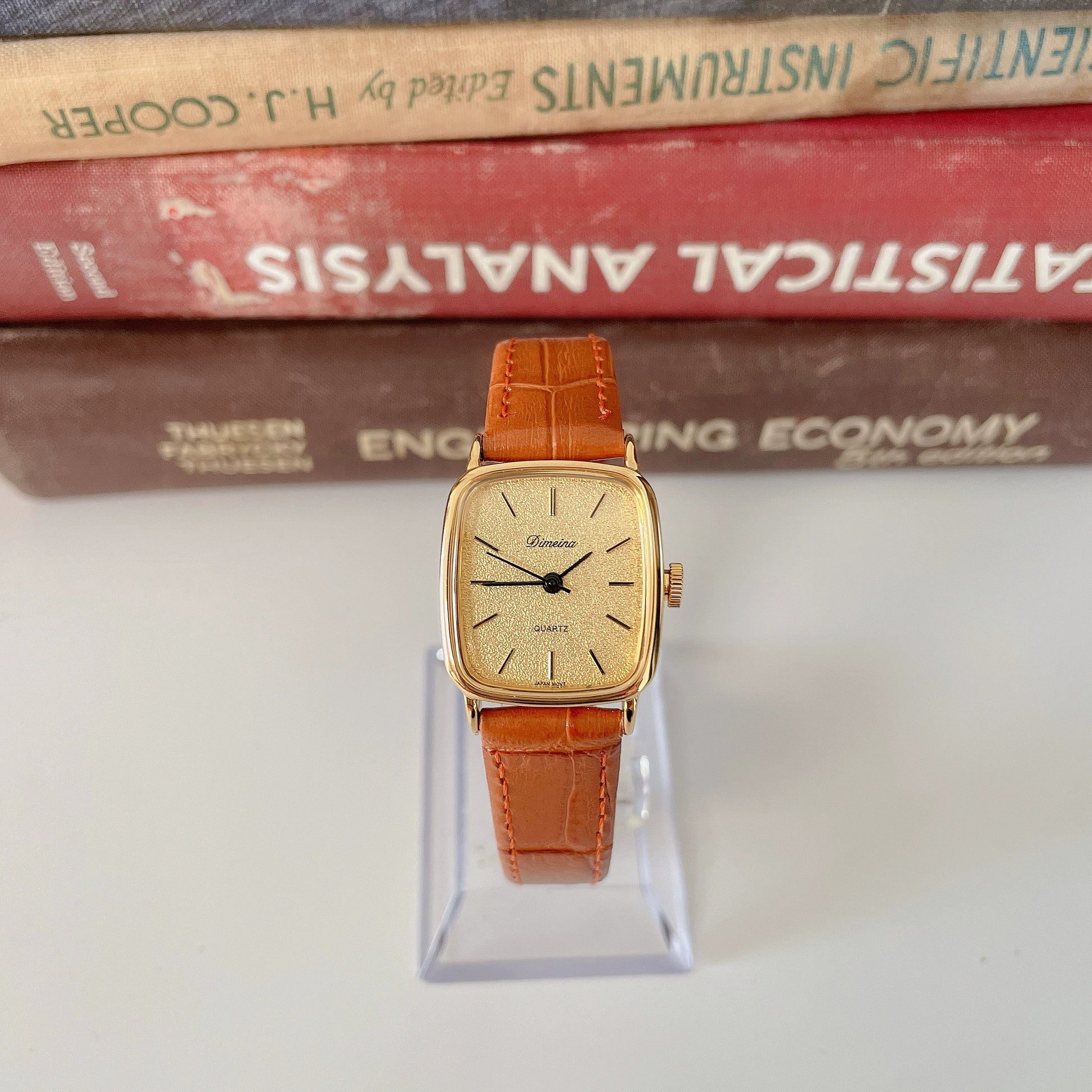 Karsen Vintage Square Watch - Gold Dial Orange Leather Strap (Includes Brown Leather Strap)