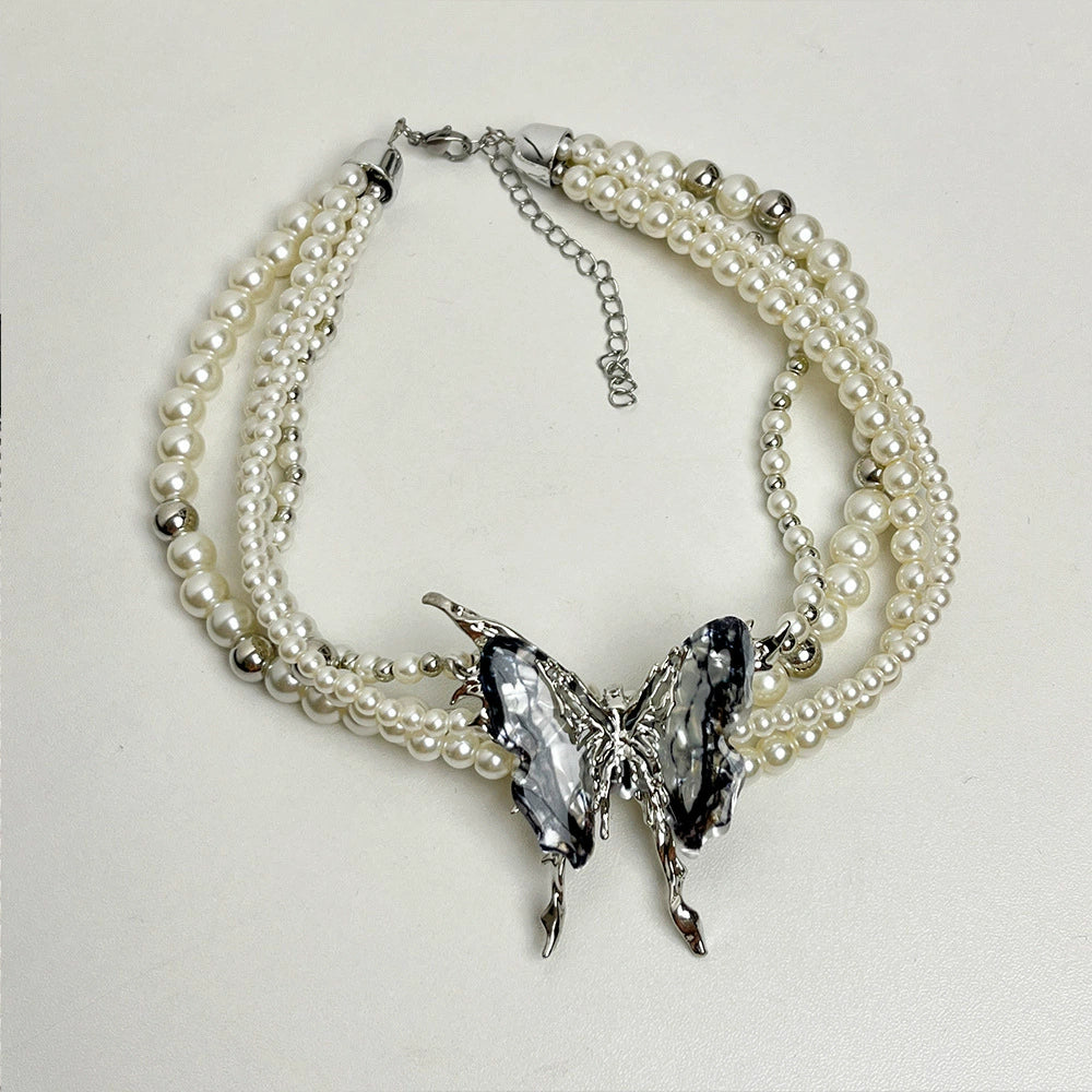 Kendyl Pearl Butterfly Choker - Grey Pearl Necklace [UN30REJR]