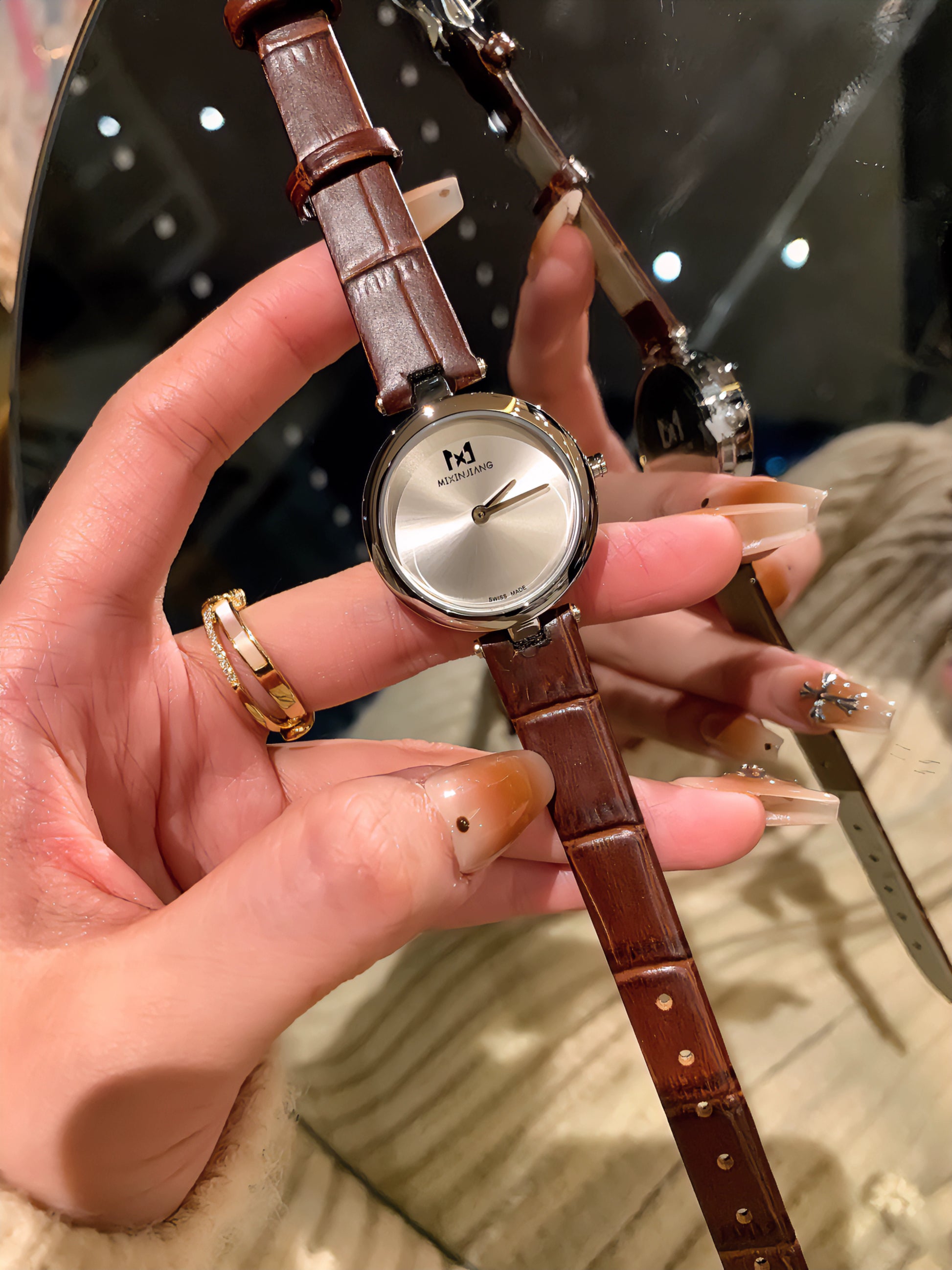 Elara Delicate Round Watch - Silver Dial, Coffee Textured Strap [LH9IEDY2]