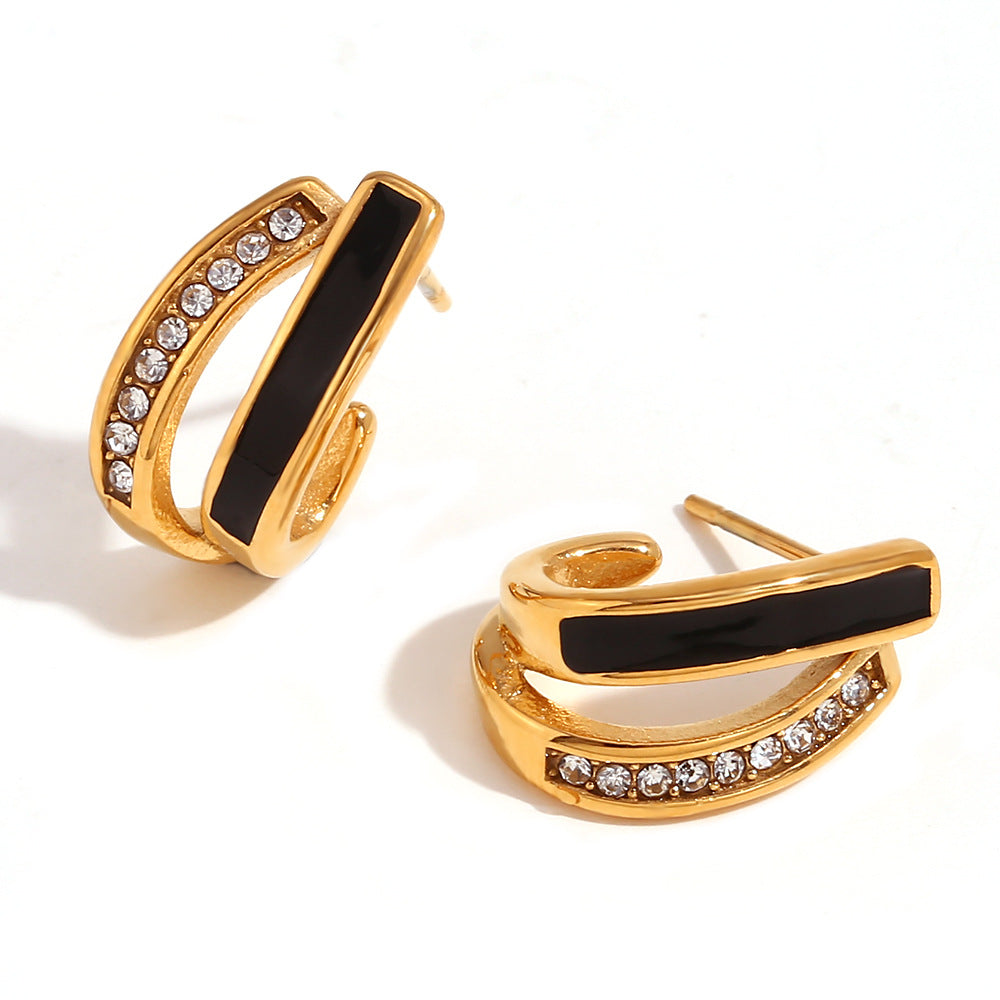 Amberley Hammered Geometric Earrings - Splice Drip Oil Rhinestone Cross U-Shape Earrings - Gold Black [LLN2P6EG]