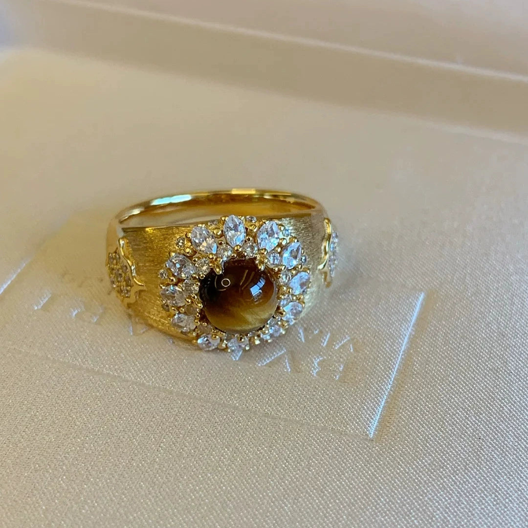 Shamiyah Vintage Tiger Eye Ring - Micro-Set Zircon Gold-Plated Tiger Eye Ring [YAXIVU16]