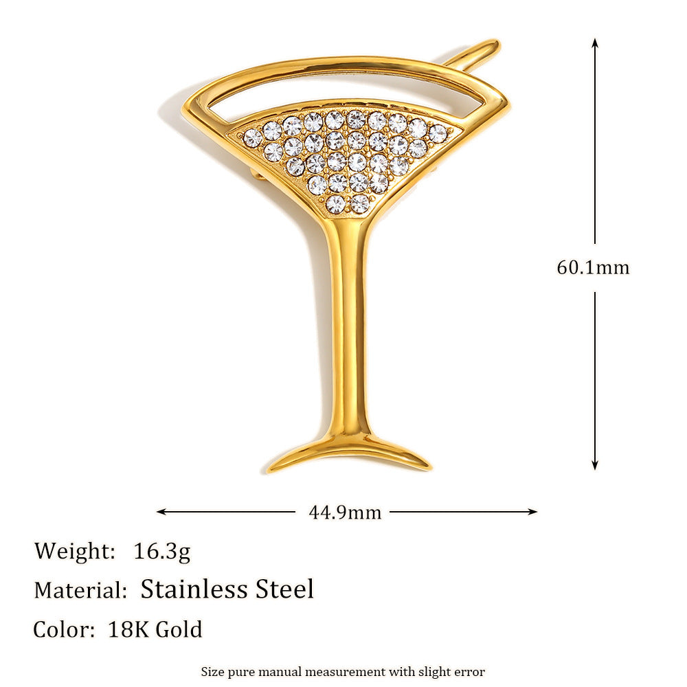 Rona Elegant Gold Brooch - Full Diamond Wine Glass Brooch - Gold [WTDBKA67]