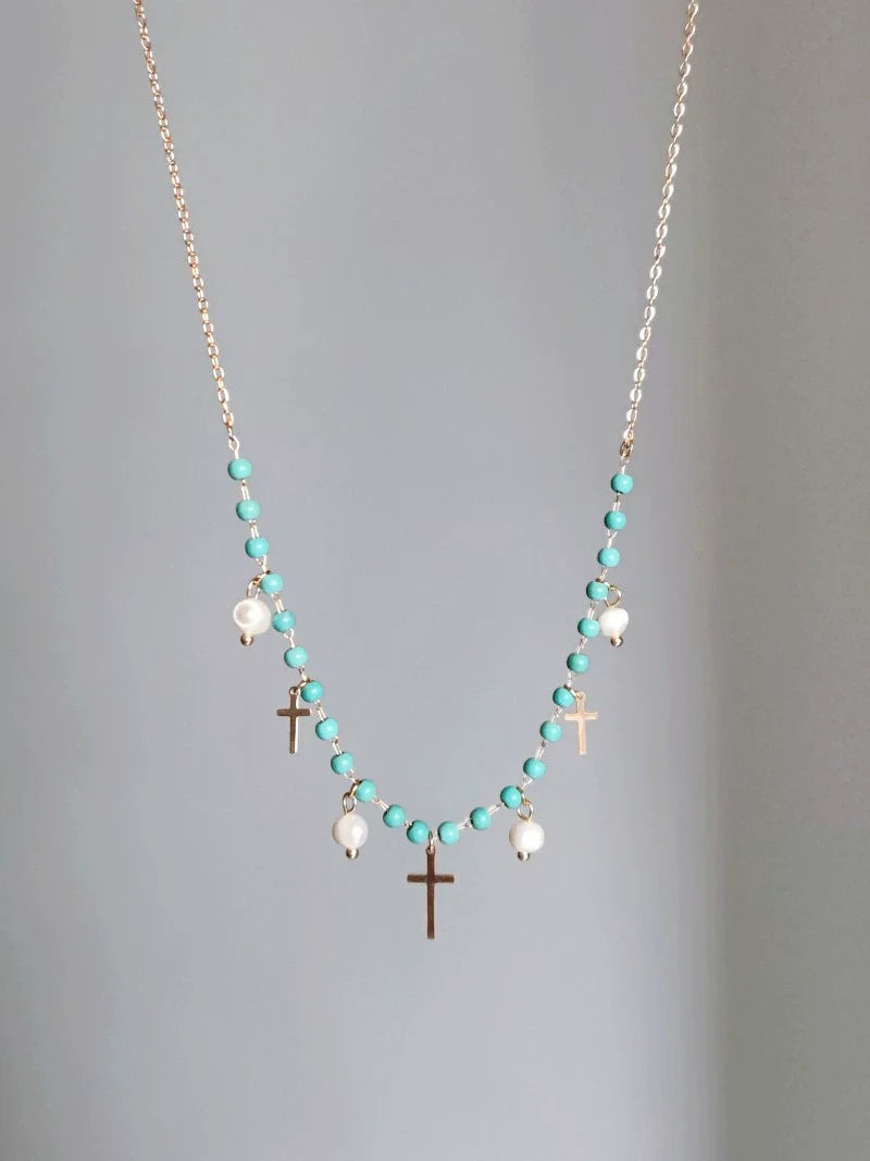 Kynley Blue Beaded Cross Necklace - Blue Bead Cross Beaded Necklace