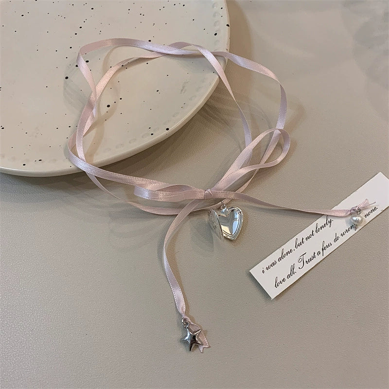 Malaiyah Dainty Heart Choker - Pink Ribbon Heart Necklace
