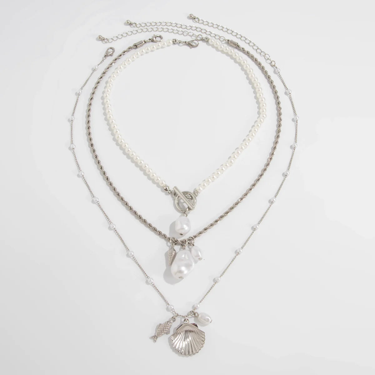 Azaria Layered Pearl Necklace Set - Silver
