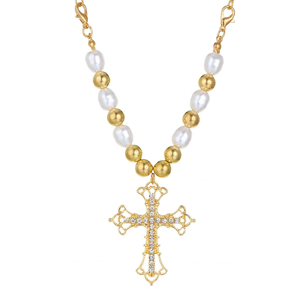 Bridget Pearl Cross Necklace - KC Gold Plated