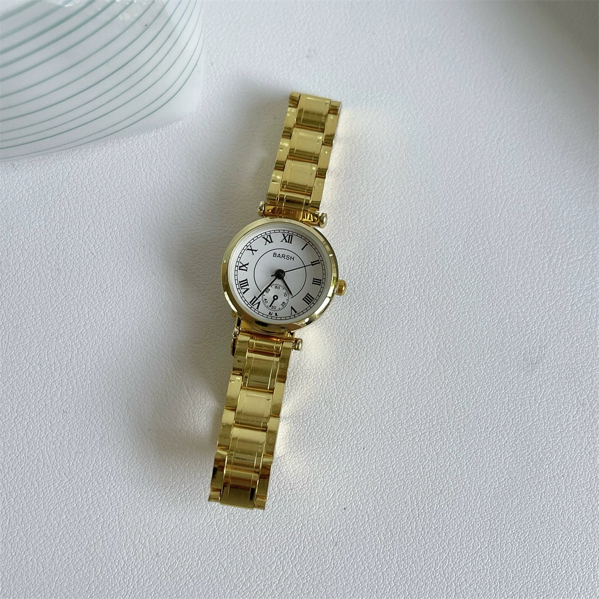 Rome Vintage Gold Watch - Gold Band White Dial (Roman, Faux Hands) [BSKUFFI5]
