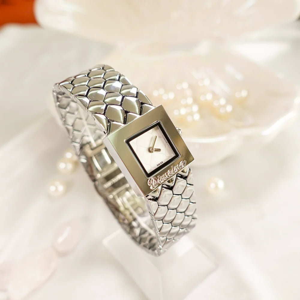 Taylen Quilted Square Watch - Silver with White Dial