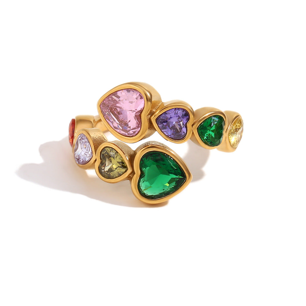 Maimouna Zircon Ring - Open Heart Zircon Ring - Gold Colorful [Q082BU7X]