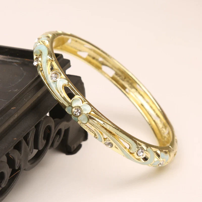 Brook Rhinestone Flower Bangle - Cyan