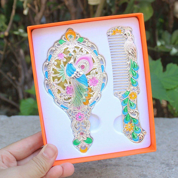 Hillary Vintage Mirror Set - Silver Peacock - Yellow Box
