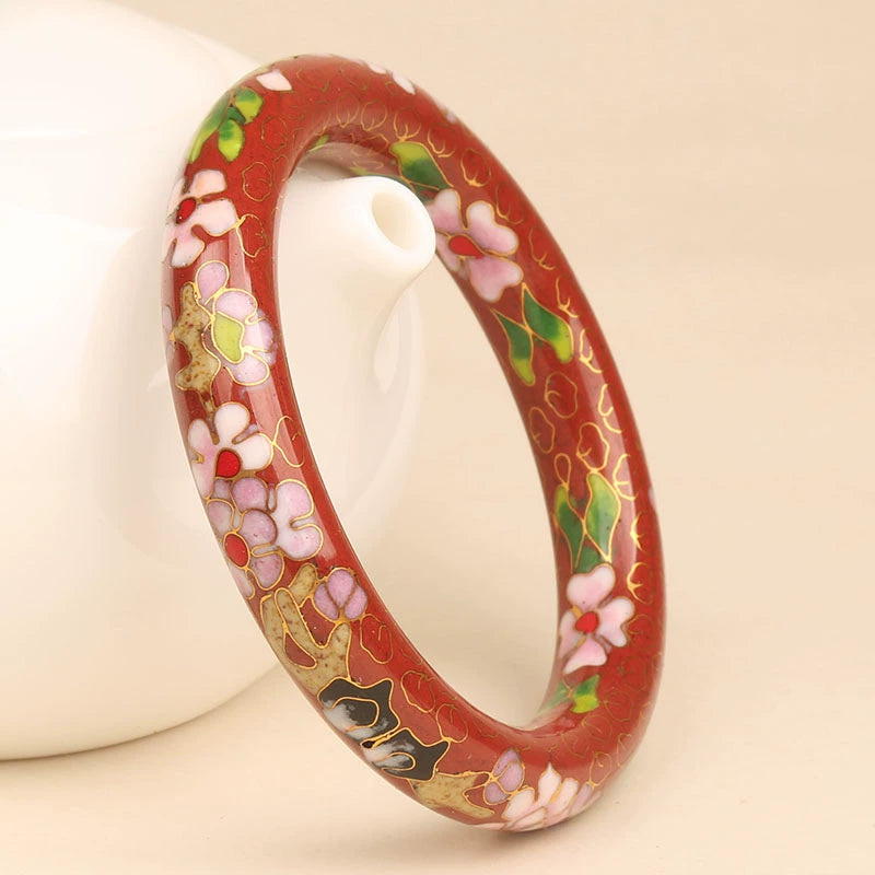 Zoi Floral Cloisonné Bracelet - Deep Red Plum Blossom (12mm Width) [Y4VOWGMA]