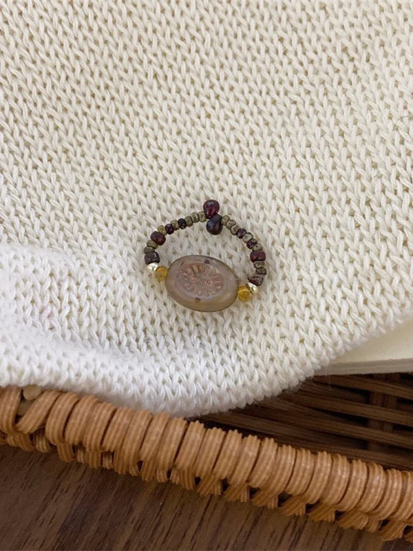 Anne Delicate Beaded Rings - Coffee Oval Beaded Ring