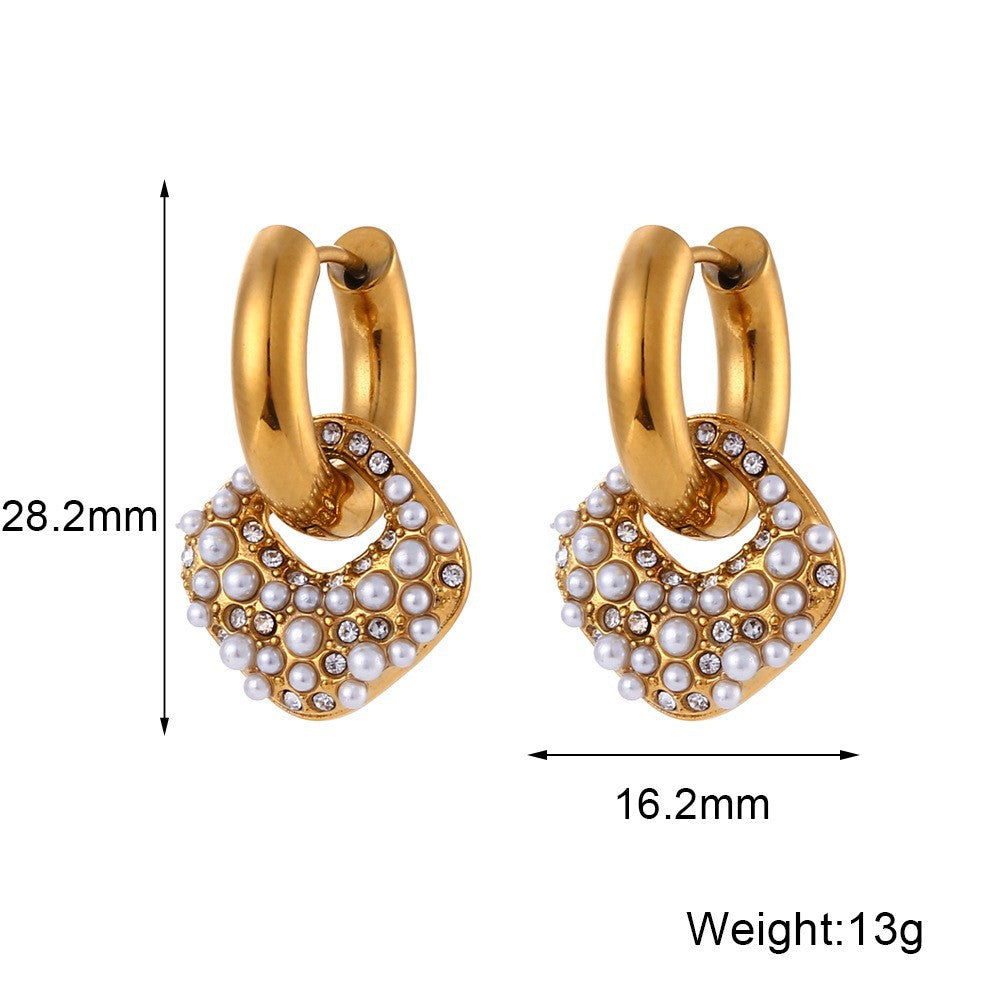 Siyona Freshwater Pearl Collection - Square Rhinestone Pearl Drop Hoop Earrings - Gold [BPFSB49K]