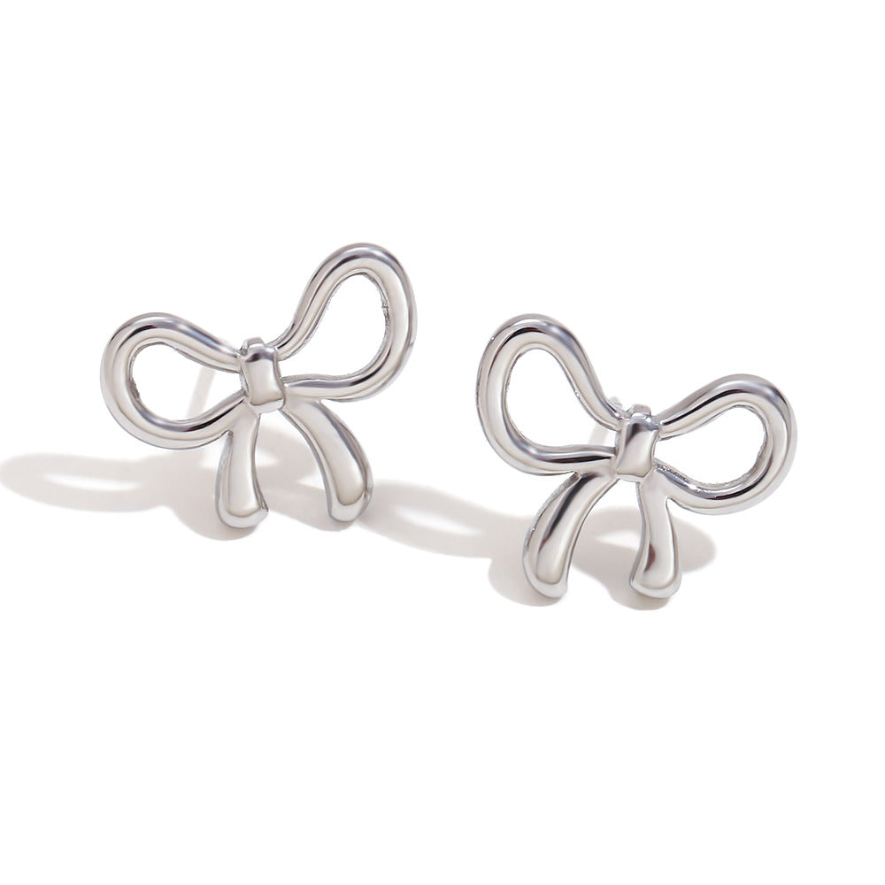 Chavy Sweet Bow Adornment Set - Simple Sweet Bow Stud Earrings - Steel [UT56OEW3]