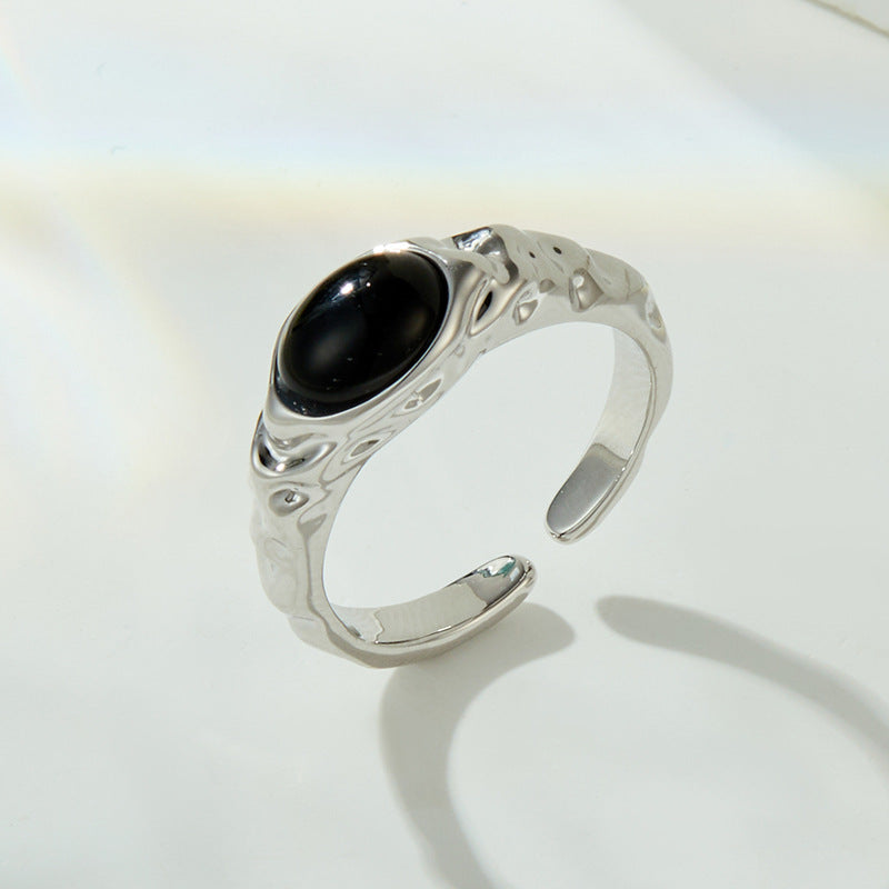 Kai Retro Stone Open Ring - Black Agate Stone [EEJ99J3Y]