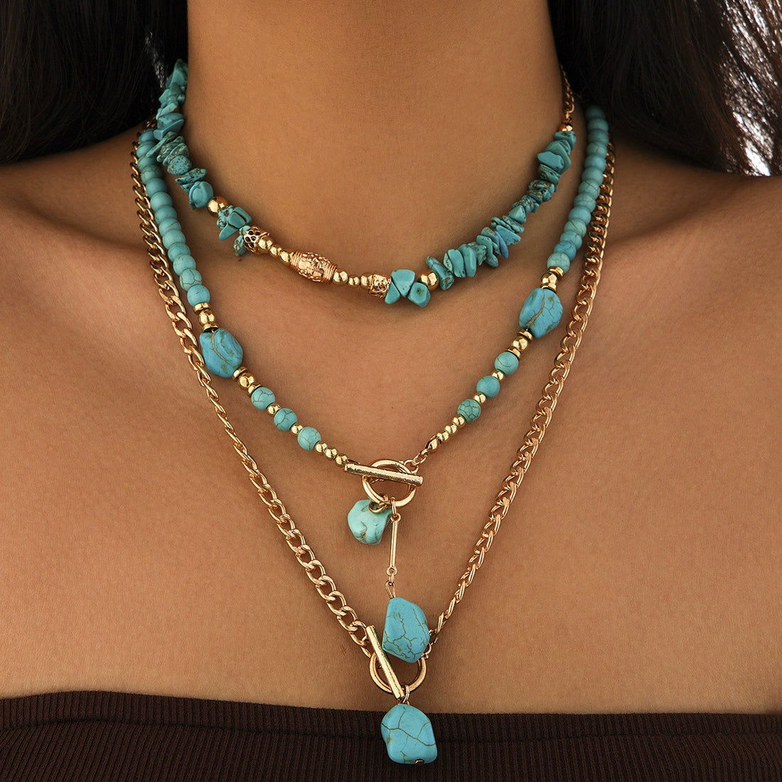 Tamara Layered Turquoise Necklace - Gold Tone Style 03 [N3EFQGR5]