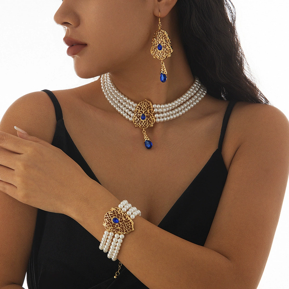 Lou Pearl Floral Collar Necklace - Gold & Royal Blue (Style A) [32R0PRIS]