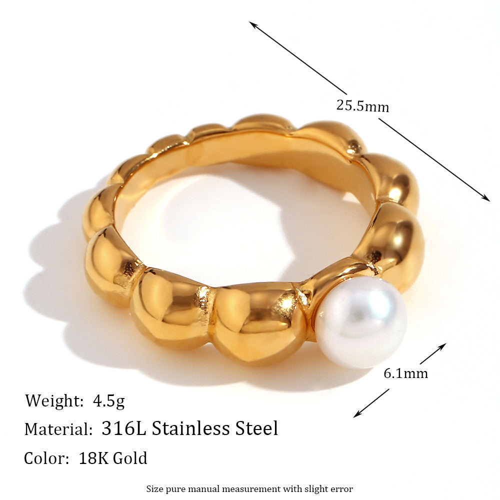 Asa Gold Retro Rings - Wavy Faux Pearl Ring - Gold - Size 7 [P44BM4C3]