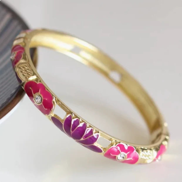 Sunshine Lotus Enamel Bracelet - Rose Red Flower Purple Lotus